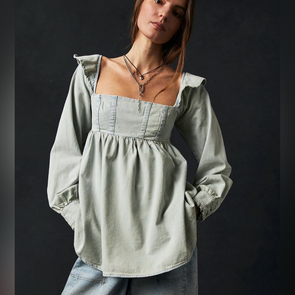 Nwot | Free People About You Denim Babydoll Tunic Dress Top | Large - Picture 1 of 7